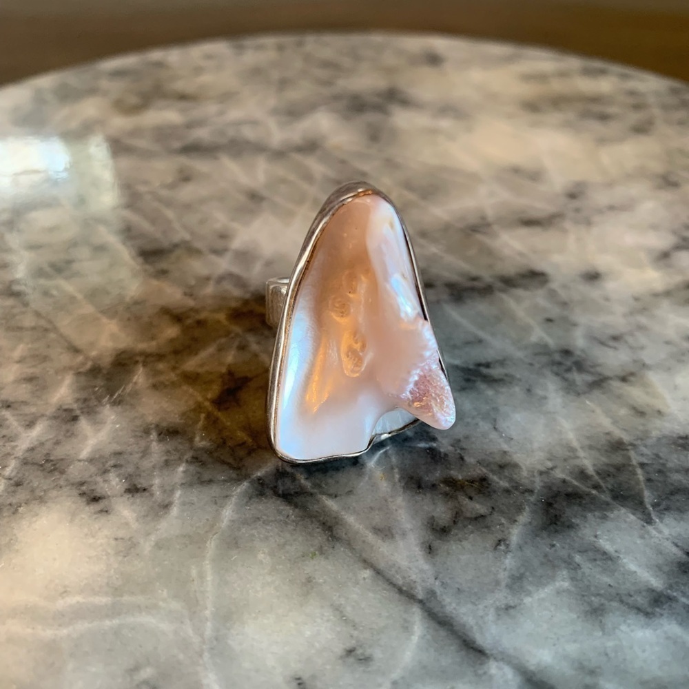 Sterling Silver Ring Irregular Pearl Adjustable Size 6 Stamp 925 Vtg Light Pink - Picture 8 of 13